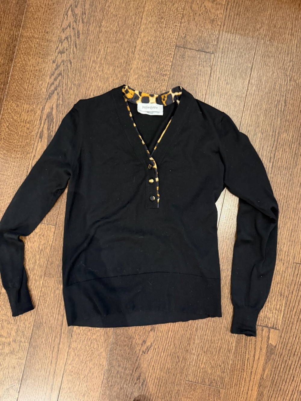 Authentic YSL Black V-Neck Sweater with Leopard Trim